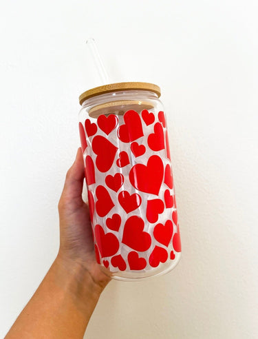 Red Hearts Glass Tumbler Halo Quartz